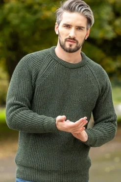 Mens Fisherman Sweaters|Mens Knitwear*Sweater Shop Mens Ribbed Crew Neck Sweater Green