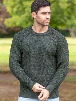Mens Fisherman Sweaters|Mens Knitwear*Sweater Shop Mens Ribbed Crew Neck Sweater Green