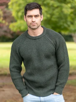 Mens Fisherman Sweaters|Mens Knitwear*Sweater Shop Mens Ribbed Crew Neck Sweater Green