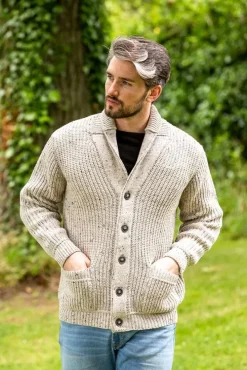 Mens Aran Cardigans*Sweater Shop Men's Ribbed Shawl Neck Merino Wool Cardigan