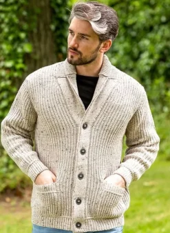 Mens Aran Cardigans*Sweater Shop Men's Ribbed Shawl Neck Merino Wool Cardigan