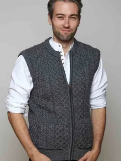 Mens Aran Cardigans|Mens Fisherman Sweaters*Sweater Shop Men's Steel Marl Merino Wool Waistcoat