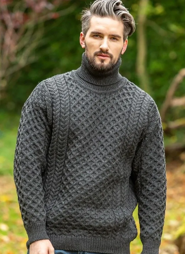 Mens Fisherman Sweaters|Mens Knitwear*Sweater Shop Men's Traditional Aran Turtleneck Sweater