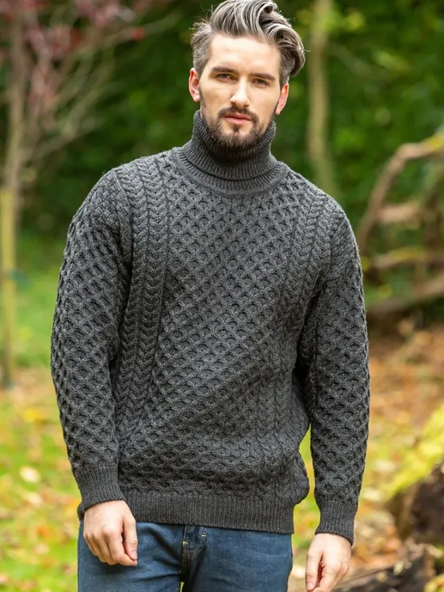 Mens Fisherman Sweaters|Mens Knitwear*Sweater Shop Men's Traditional Aran Turtleneck Sweater