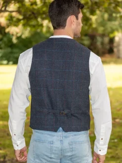 Mens Grandfather Shirts|Mens Waistcoats*Sweater Shop Mens Tweed Waistcoat Blue Overcheck