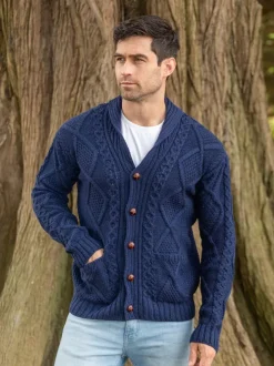 Mens Aran Cardigans|Mens Knitwear*Sweater Shop Men's V Neck Aran Cardigan Deep Water Blue