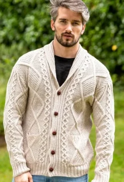 Mens Aran Cardigans|Mens Knitwear*Sweater Shop Mens v Neck Cable Knit Cardigan Parsnip