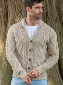 Mens Aran Cardigans|Mens Knitwear*Sweater Shop Mens v Neck Cable Knit Cardigan Parsnip