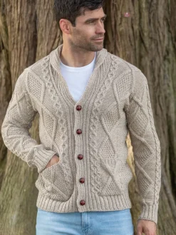 Mens Aran Cardigans|Mens Knitwear*Sweater Shop Mens v Neck Cable Knit Cardigan Parsnip