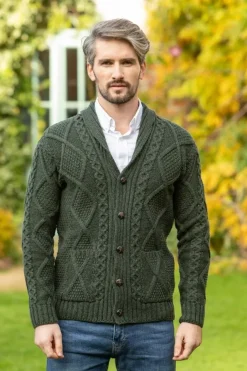 Mens Aran Cardigans|Mens Knitwear*Sweater Shop Mens V Neck Cardigan Army Green