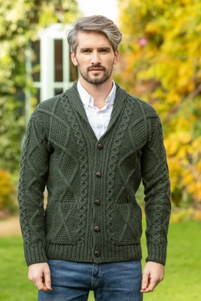 Mens Aran Cardigans|Mens Knitwear*Sweater Shop Mens V Neck Cardigan Army Green