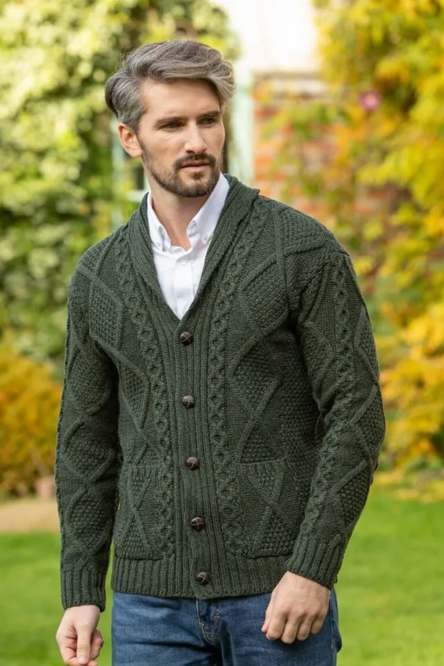 Mens Aran Cardigans|Mens Knitwear*Sweater Shop Mens V Neck Cardigan Army Green
