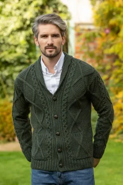 Mens Aran Cardigans|Mens Knitwear*Sweater Shop Mens V Neck Cardigan Army Green