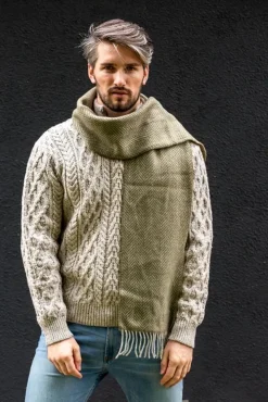 Wool Cashmere|Mens Cashmere Scarves*Sweater Shop Men's Wool and Cashmere Moss Green Herringbone Scarf