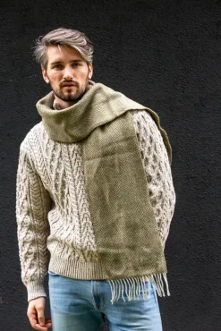 Wool Cashmere|Mens Cashmere Scarves*Sweater Shop Men's Wool and Cashmere Moss Green Herringbone Scarf