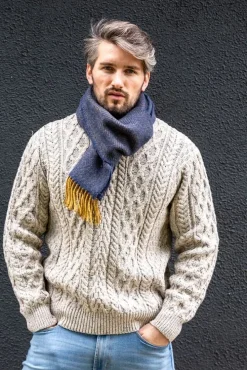 Wool Cashmere*Sweater Shop Men's Wool and Cashmere Navy/Mustard Herringbone Scarf 2433