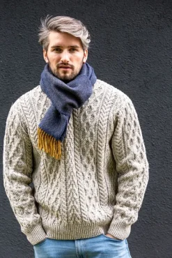 Wool Cashmere*Sweater Shop Men's Wool and Cashmere Navy/Mustard Herringbone Scarf 2433