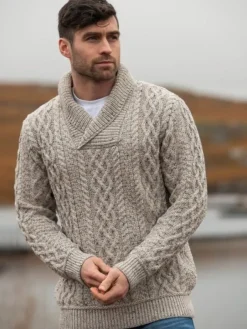 Mens Fisherman Sweaters|Mens Knitwear*Sweater Shop Merino Shawl Neck Oatmeal