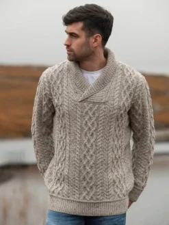 Mens Fisherman Sweaters|Mens Knitwear*Sweater Shop Merino Shawl Neck Oatmeal