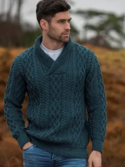 Mens Fisherman Sweaters|Mens Knitwear*Sweater Shop Merino Shawl Neck Sweater Peacock