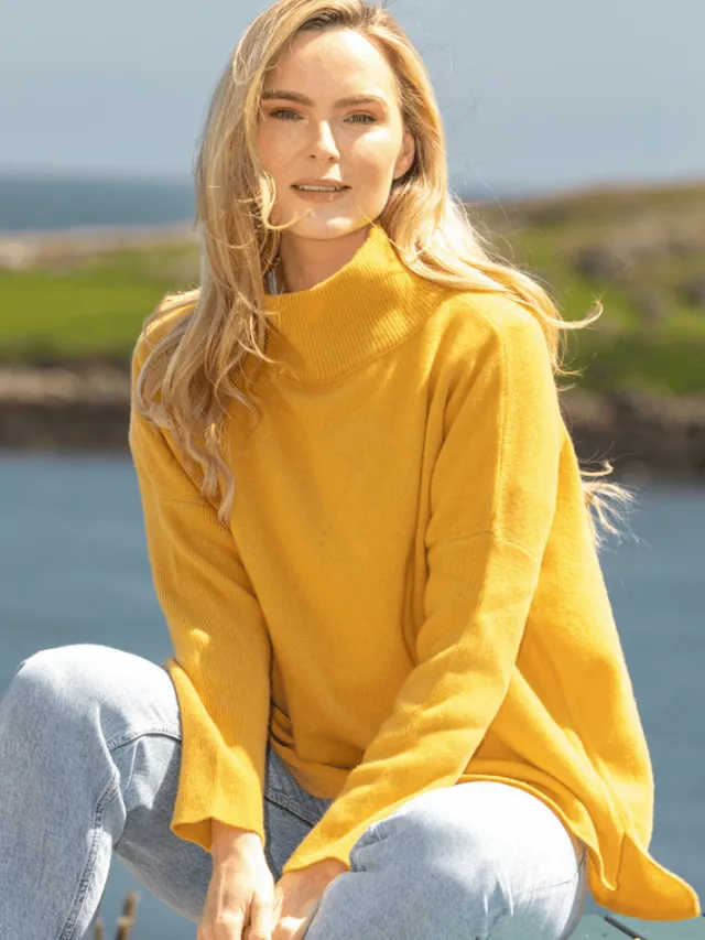 Designer Knitwear|Womens Irish Knitwear*Sweater Shop Merino Wool & Cashmere High Neck Sweater Mustard