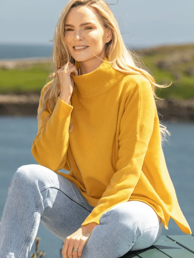Designer Knitwear|Womens Irish Knitwear*Sweater Shop Merino Wool & Cashmere High Neck Sweater Mustard
