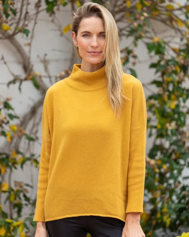 Designer Knitwear|Womens Irish Knitwear*Sweater Shop Merino Wool & Cashmere High Neck Sweater Mustard