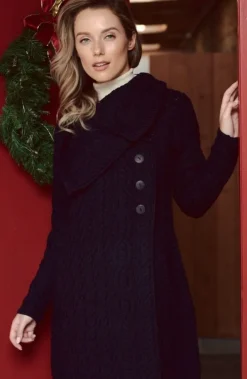 Womens Aran & Tweed Coats|Womens Irish Knitwear*Sweater Shop Merino Wool Aran Coatigan Navy