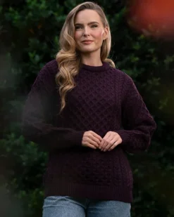 Womens Irish Knitwear|Womens Aran Fisherman Sweaters*Sweater Shop Merino Wool Aran Sweater Damson - Unisex