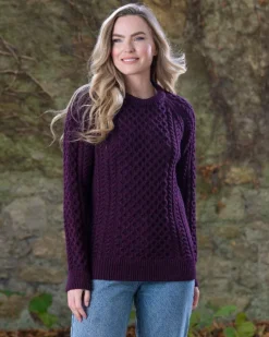 Womens Irish Knitwear|Womens Aran Fisherman Sweaters*Sweater Shop Merino Wool Aran Sweater Damson - Unisex