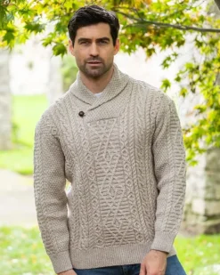Mens Fisherman Sweaters|Mens Knitwear*Sweater Shop Merino Wool Shawl Neck Sweater Parsnip