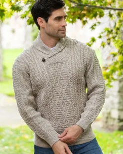 Mens Fisherman Sweaters|Mens Knitwear*Sweater Shop Merino Wool Shawl Neck Sweater Parsnip