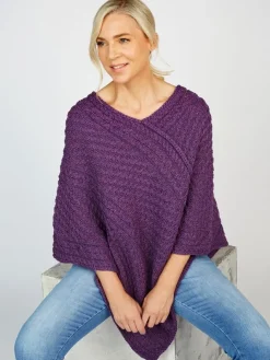Womens Irish Knitwear|Ladies Aran Ponchos & Capes*Sweater Shop Merino Wool V Neck Poncho - Pink Mix
