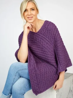 Womens Irish Knitwear|Ladies Aran Ponchos & Capes*Sweater Shop Merino Wool V Neck Poncho - Pink Mix