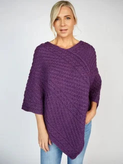 Womens Irish Knitwear|Ladies Aran Ponchos & Capes*Sweater Shop Merino Wool V Neck Poncho - Pink Mix
