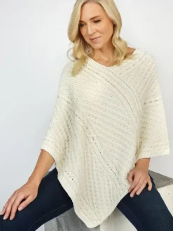Womens Irish Knitwear*Sweater Shop Merino Wool V Neck Poncho - Natural Yarn