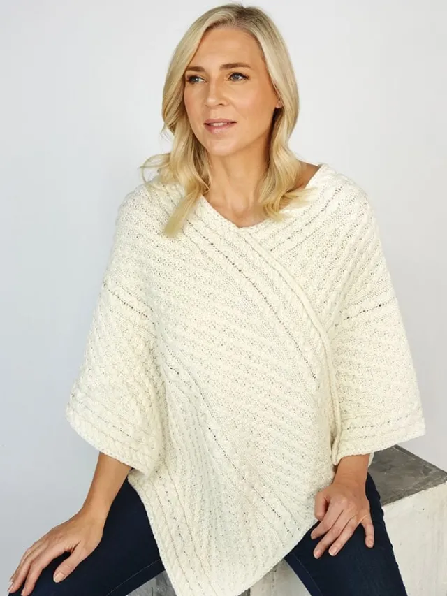Womens Irish Knitwear*Sweater Shop Merino Wool V Neck Poncho - Natural Yarn