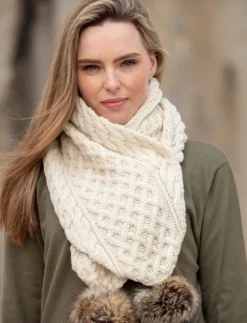 Ladies Aran Scarves|Ladies Aran Scarves*Sweater Shop Natural Pom Pom Scarf