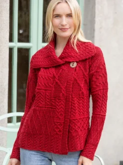 Womens Irish Knitwear|Ladies Cardigans*Sweater Shop One Button Aran Patchwork Cardigan Red