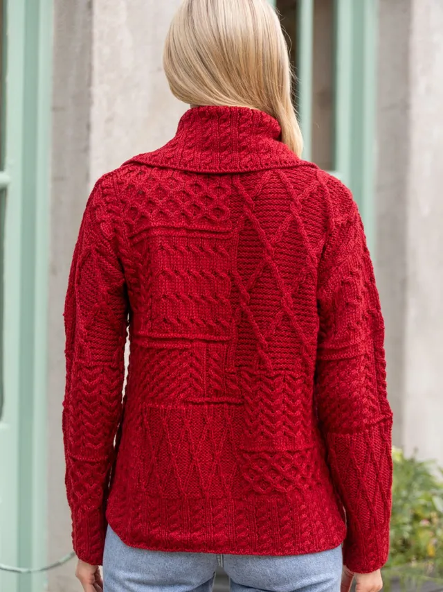 Womens Irish Knitwear|Ladies Cardigans*Sweater Shop One Button Aran Patchwork Cardigan Red
