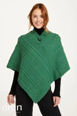 Ladies Aran Ponchos & Capes*Sweater Shop One Size Cable knit Poncho with Buttons Kelly Green