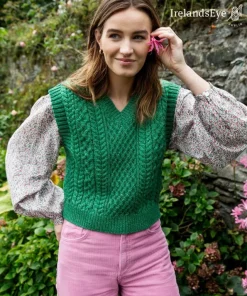 Womens Irish Knitwear*Sweater Shop Pansy V Neck Aran Vest Green Marl