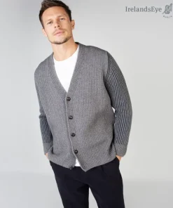 Mens Fisherman Sweaters|Mens Knitwear*Sweater Shop Pinstripe Cardigan Grey