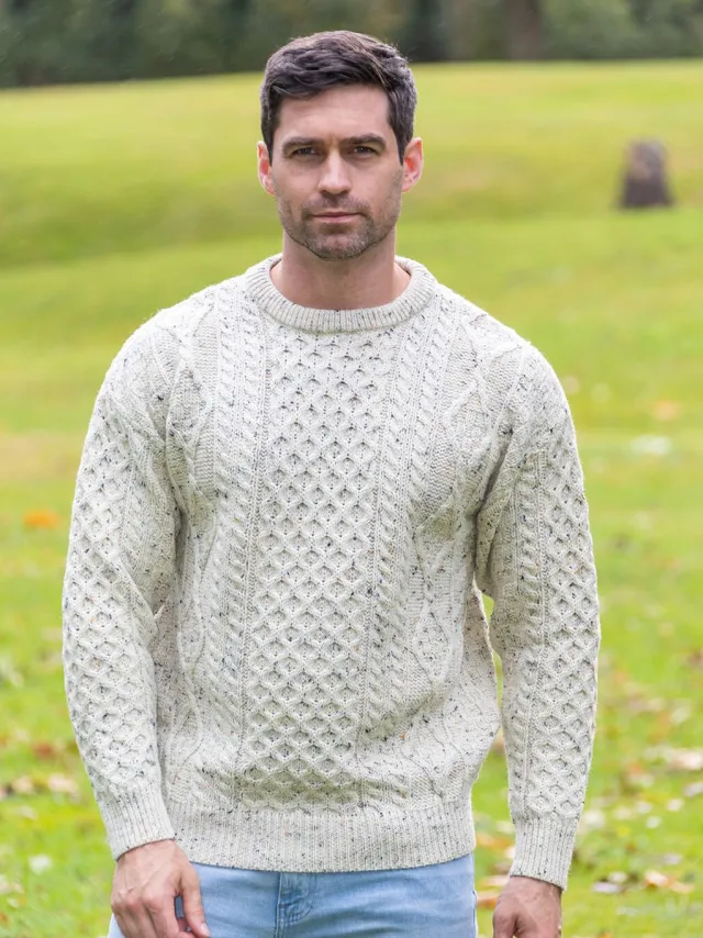 Mens Fisherman Sweaters|Mens Knitwear*Sweater Shop Pure Wool Aran Sweater Natural Fleck