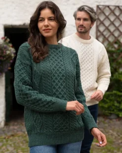 Womens Irish Knitwear|Womens Aran Fisherman Sweaters*Sweater Shop Pure Wool Unisex Aran Sweater Moss Green