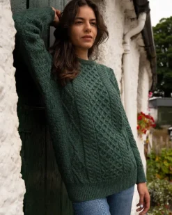 Womens Irish Knitwear|Womens Aran Fisherman Sweaters*Sweater Shop Pure Wool Unisex Aran Sweater Moss Green