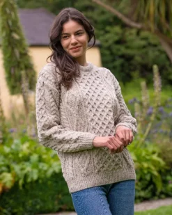 Mens Fisherman Sweaters|Mens Knitwear*Sweater Shop Pure Wool Unisex Aran Sweater Oatmeal Fleck