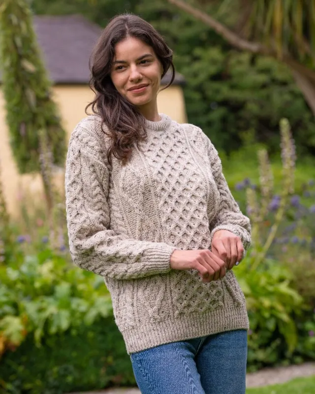 Mens Fisherman Sweaters|Mens Knitwear*Sweater Shop Pure Wool Unisex Aran Sweater Oatmeal Fleck