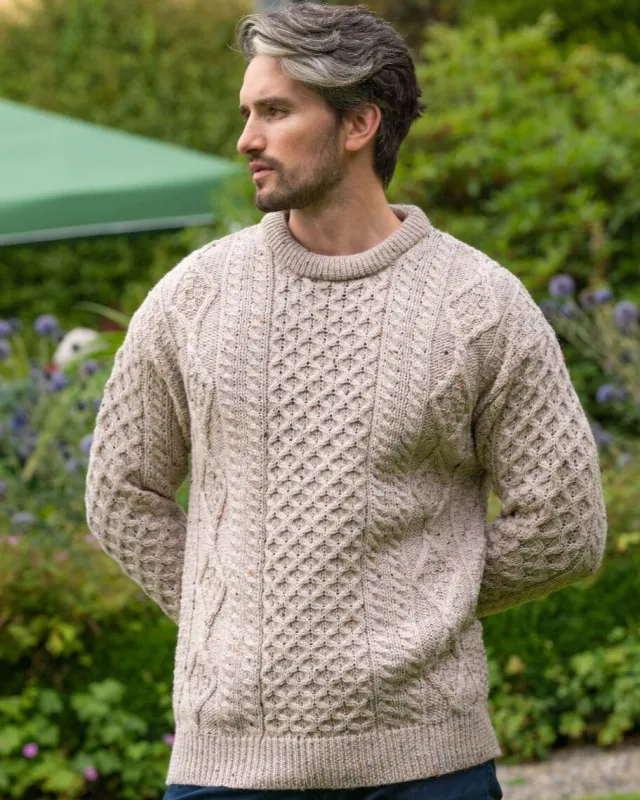 Mens Fisherman Sweaters|Mens Knitwear*Sweater Shop Pure Wool Unisex Aran Sweater Oatmeal Fleck