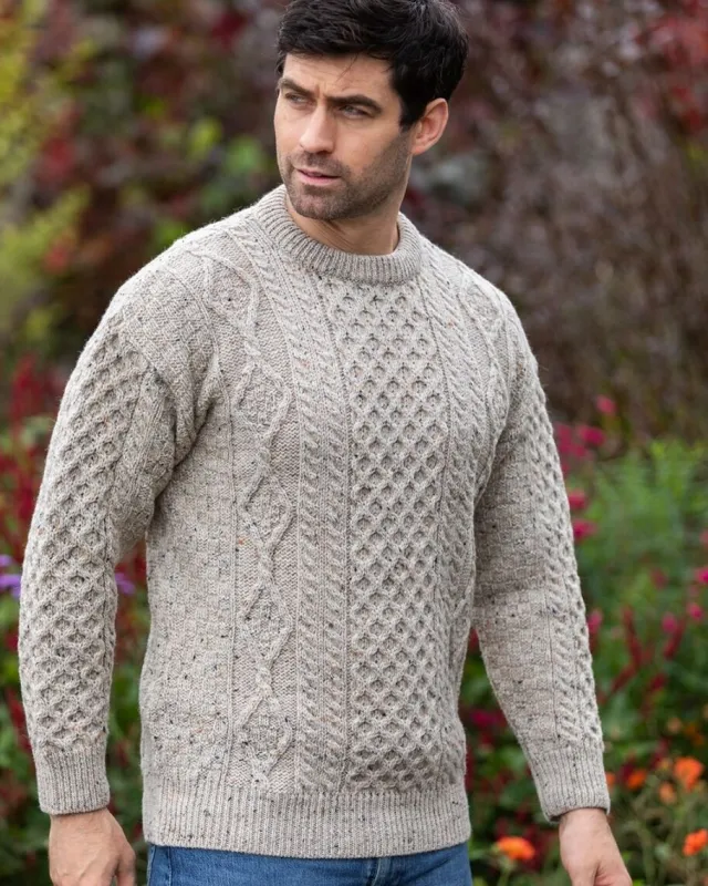 Mens Fisherman Sweaters|Mens Knitwear*Sweater Shop Pure Wool Unisex Aran Sweater Oatmeal Fleck
